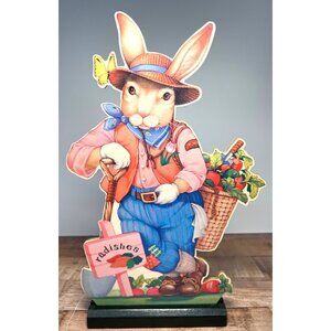 Vintage Wooden Base Easter Bunny Farmer Decorative Standee